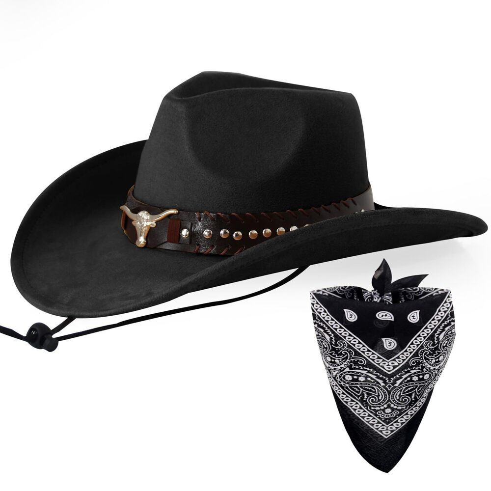 8439 Cowboy Hat with Bandana Set - Adjustable Wide Brim Western Hat &